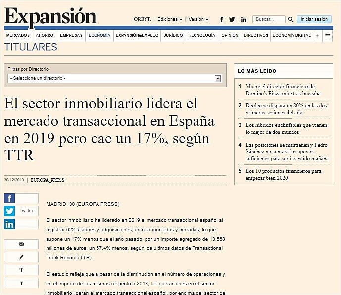 El sector inmobiliario lidera el mercado transaccional en Espaa en 2019 pero cae un 17%, segn TTR